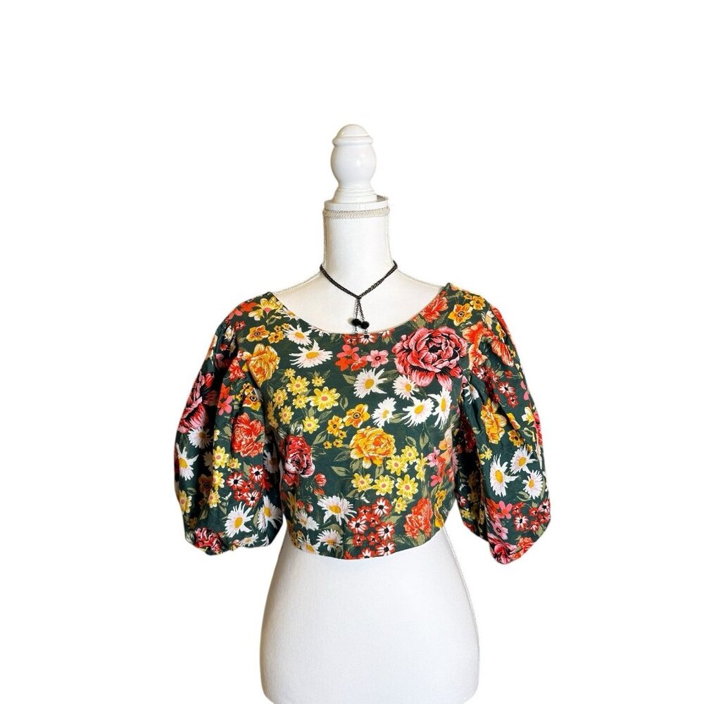 Zara Floral Print Puff Sleeve Crop Top Medium - Picture 2 of 7